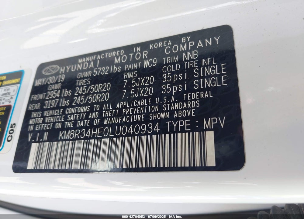 2020 HYUNDAI PALISADE VIN: KM8R34HE0LU040934