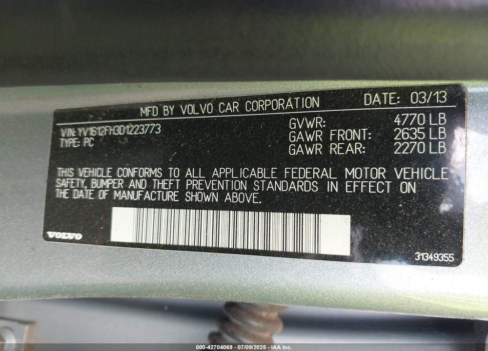 2013 VOLVO S60 VIN: YV1612FH3D1223773