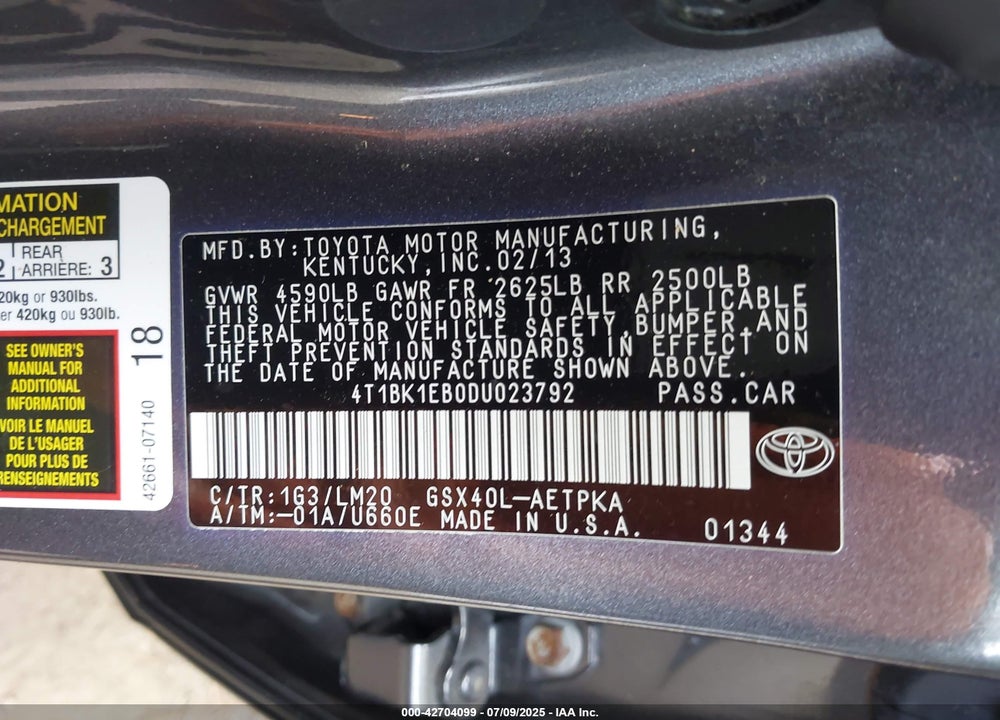 2013 TOYOTA AVALON LIMITED VIN: 4T1BK1EB0DU023792