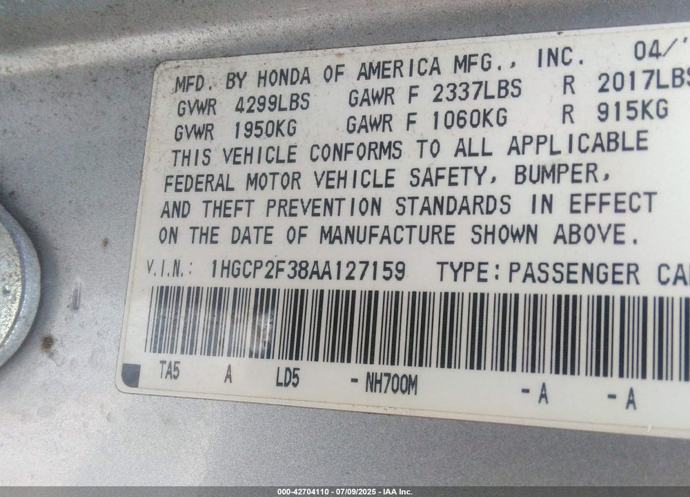 2010 HONDA ACCORD VIN: 1HGCP2F38AA127159