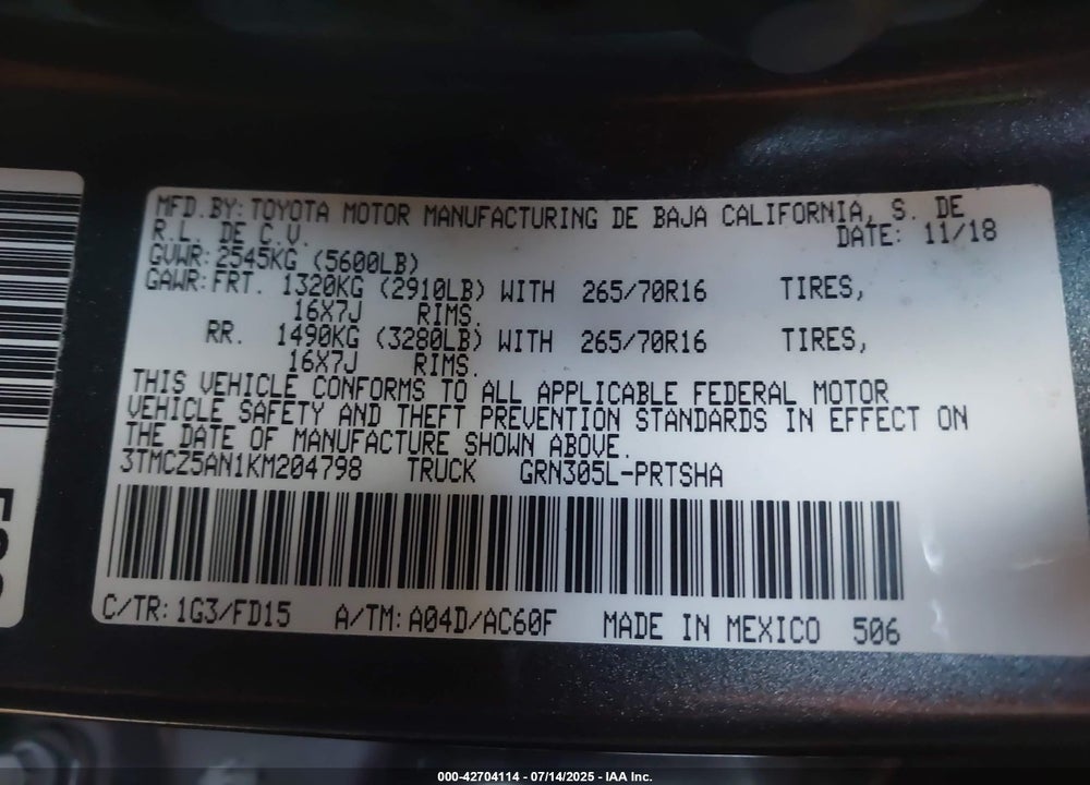 2019 TOYOTA TACOMA VIN: 3TMCZ5AN1KM204798