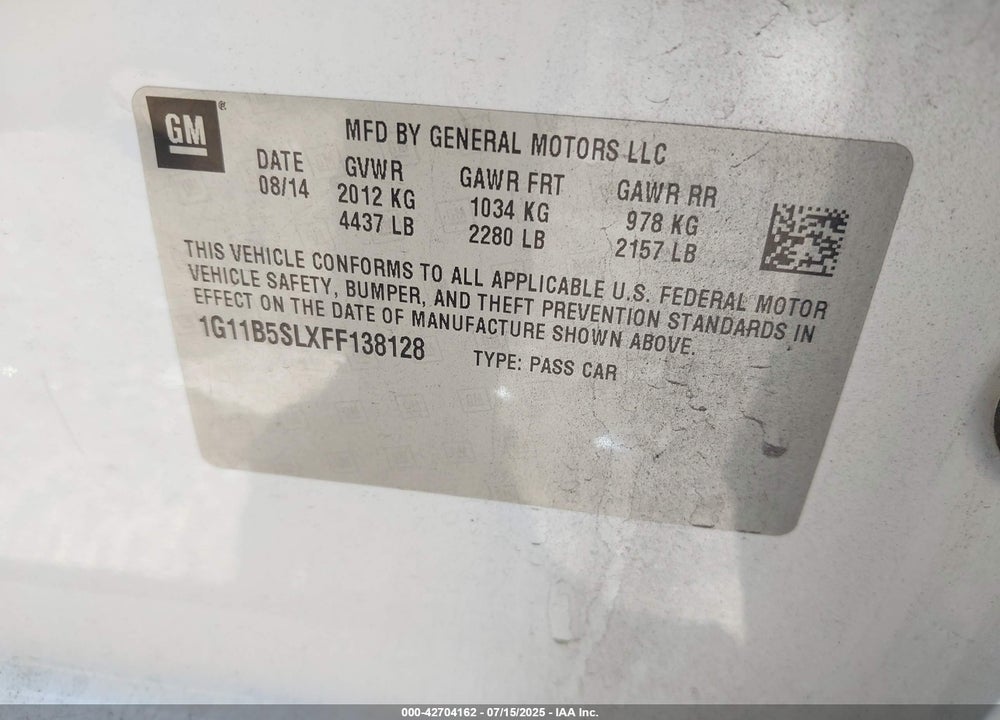 2015 CHEVROLET MALIBU VIN: 1G11B5SLXFF138128
