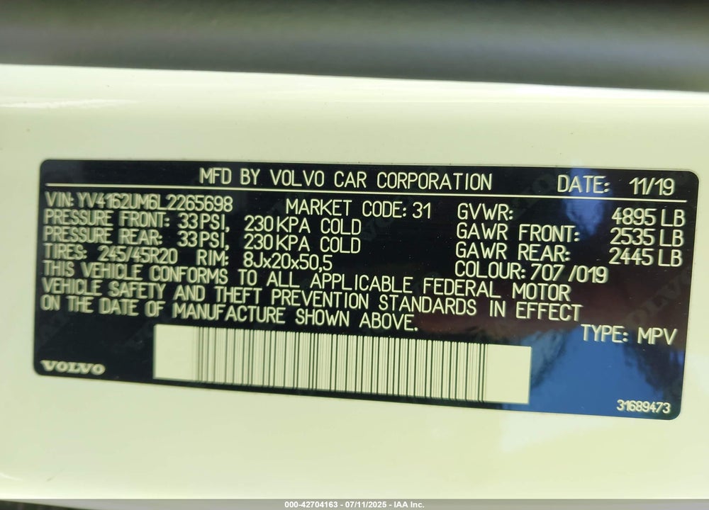2020 VOLVO XC40 VIN: YV4162UM6L2265698
