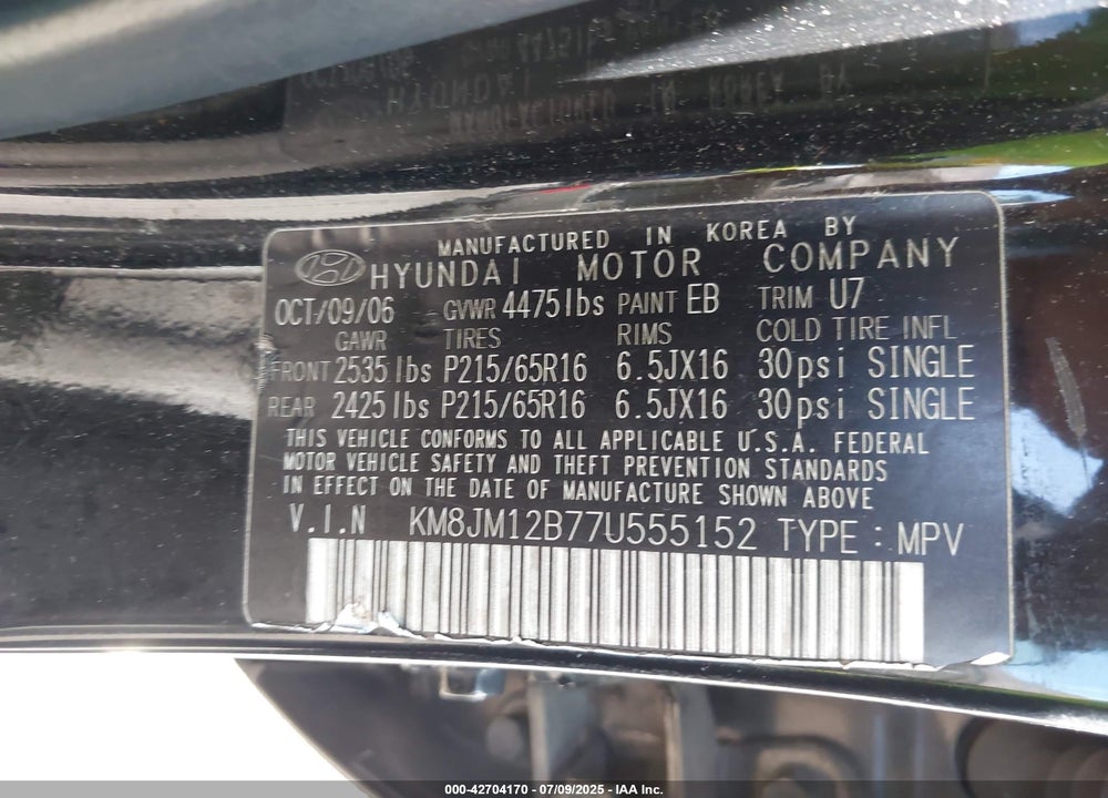 2007 HYUNDAI TUCSON GLS VIN: KM8JM12B77U555152