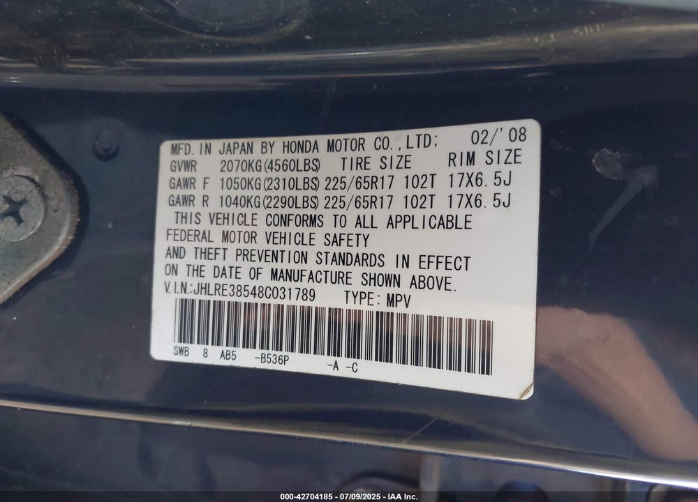 2008 HONDA CR-V EX VIN: JHLRE38548C031789