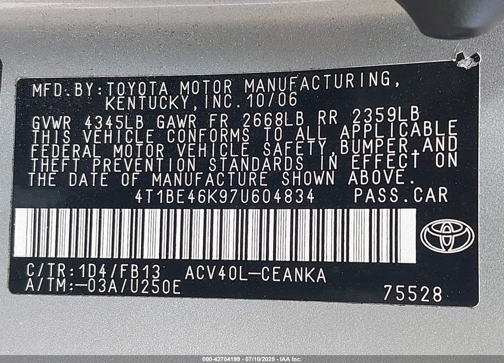 2007 TOYOTA CAMRY VIN: 4T1BE46K97U604834