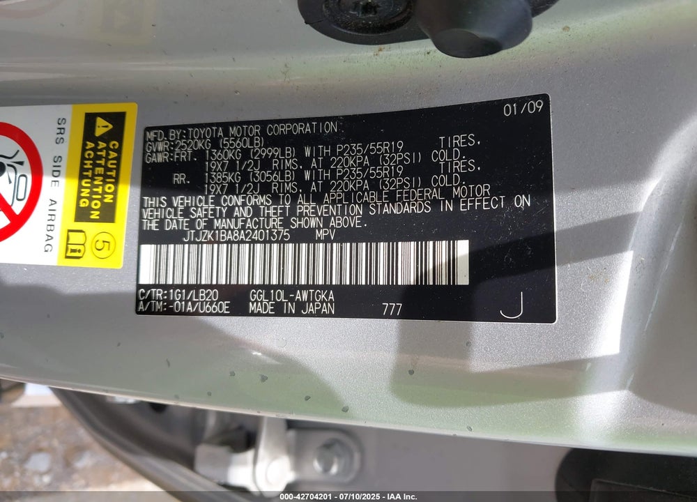 2010 LEXUS RX350 VIN: JTJZK1BA8A2401375