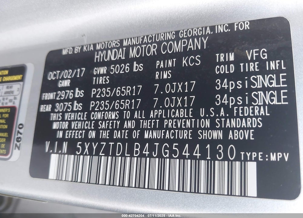 2018 HYUNDAI SANTA FE VIN: 5XYZTDLB4JG544130