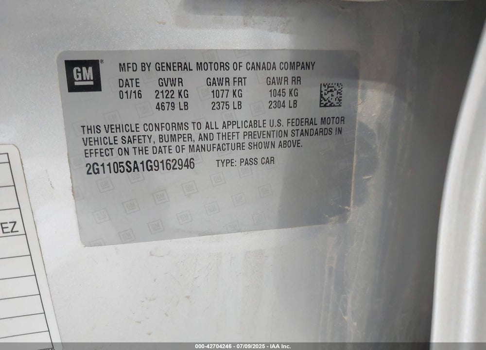 2016 CHEVROLET IMPALA VIN: 2G1105SA1G9162946