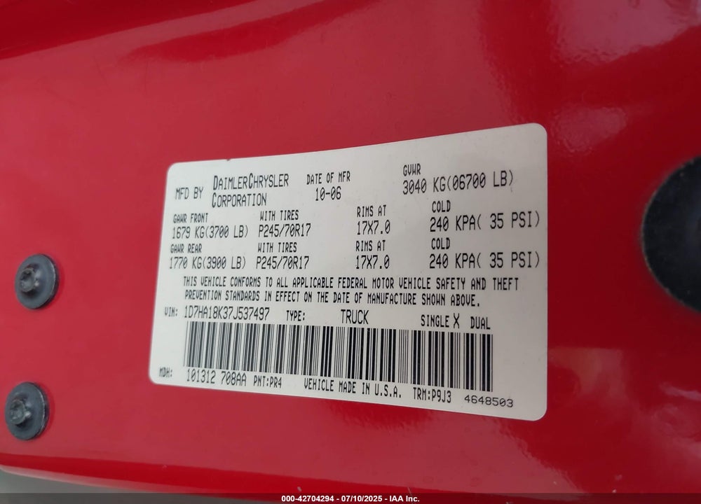 2007 DODGE RAM 1500 VIN: 1D7HA18K37J537497