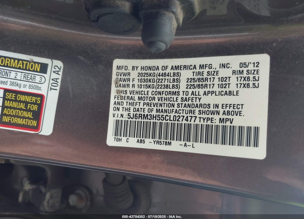 2012 HONDA CR-V VIN: 5J6RM3H55CL027477