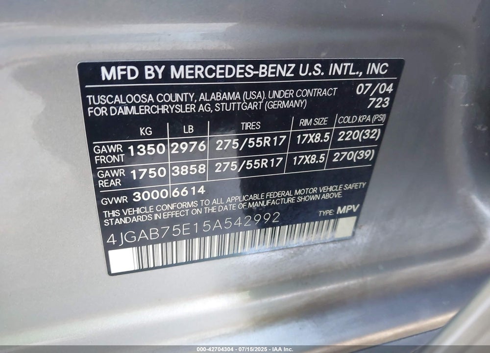 2005 MERCEDES-BENZ ML 500 VIN: 4JGAB75E15A542992