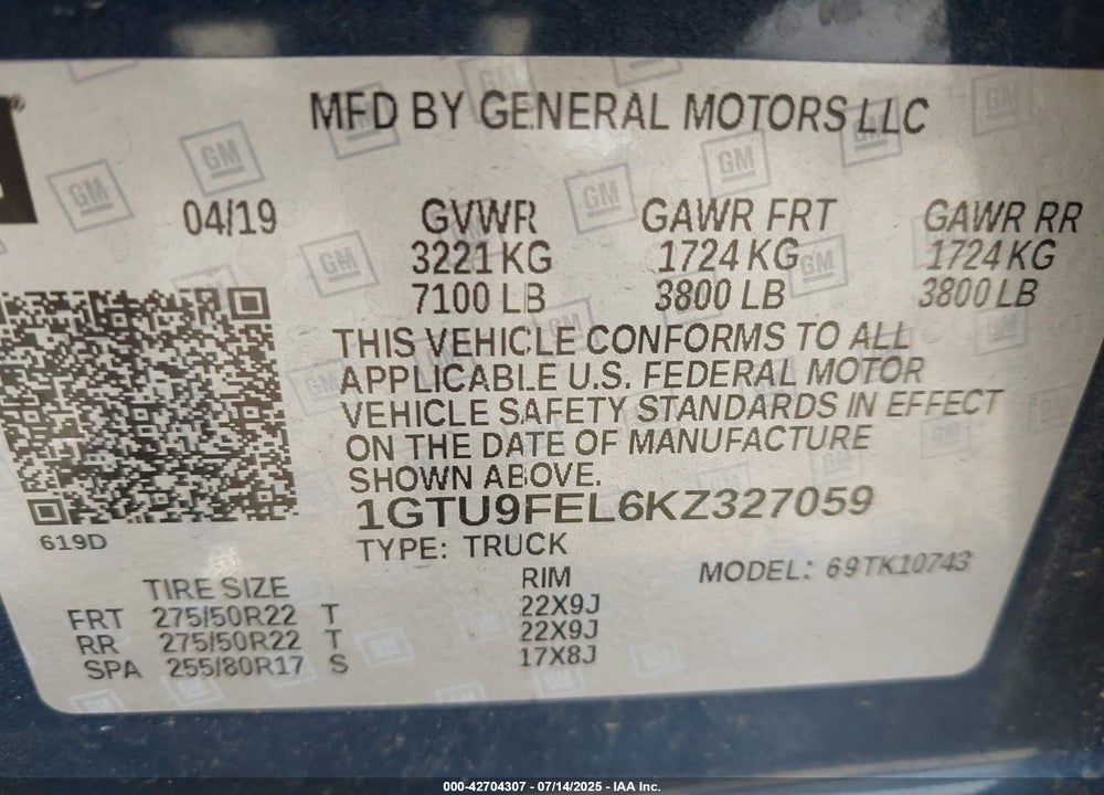 2019 GMC SIERRA 1500 VIN: 1GTU9FEL6KZ327059