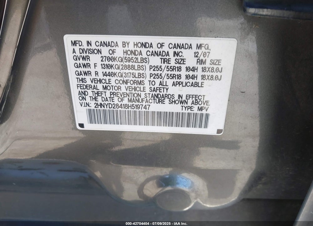 2008 ACURA MDX TECHNOLOGY PACKAGE VIN: 2HNYD28418H519747