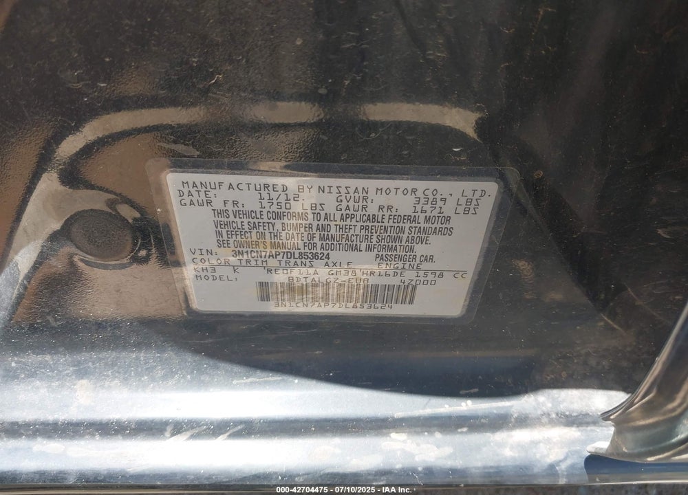2013 NISSAN VERSA VIN: 3N1CN7AP7DL853624