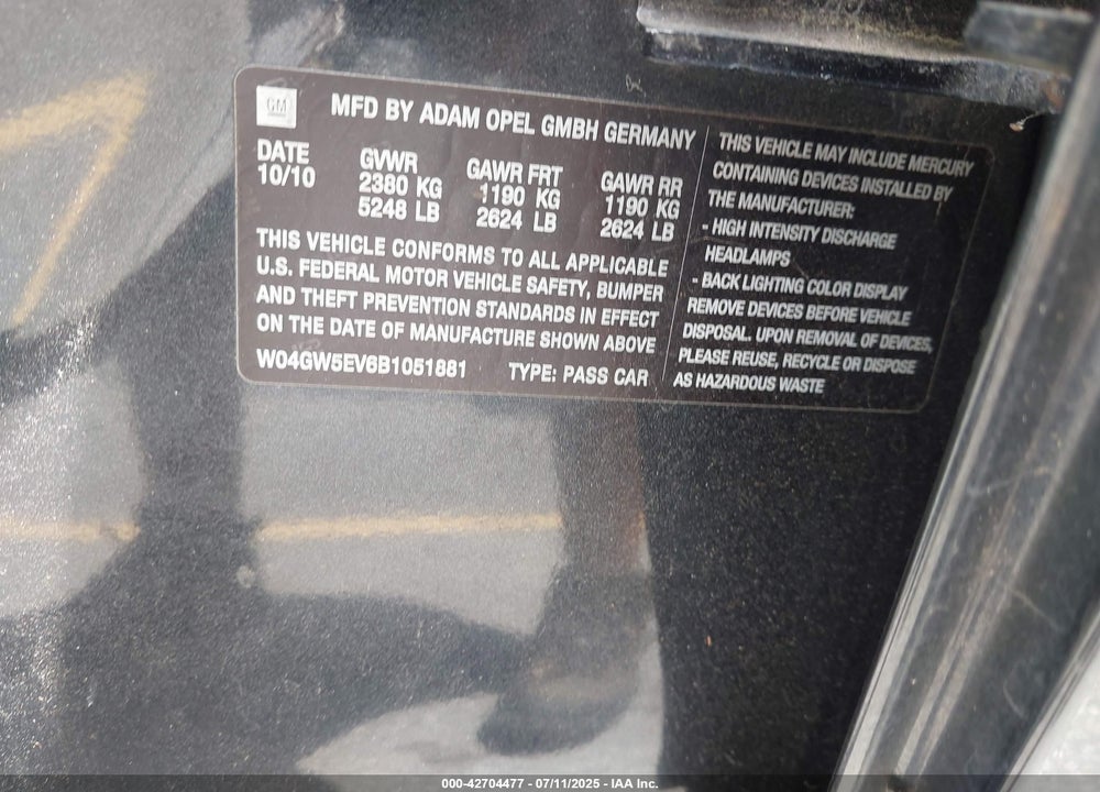 2011 BUICK REGAL VIN: W04GW5EV6B1051881