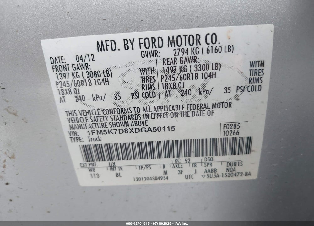 2013 FORD EXPLORER VIN: 1FM5K7D8XDGA50115