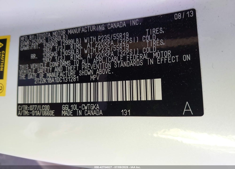 2013 LEXUS RX 350 VIN: 2T2ZK1BA1DC131281