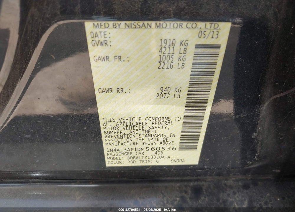 2013 NISSAN ALTIMA VIN: 1N4AL3AP1DN560536