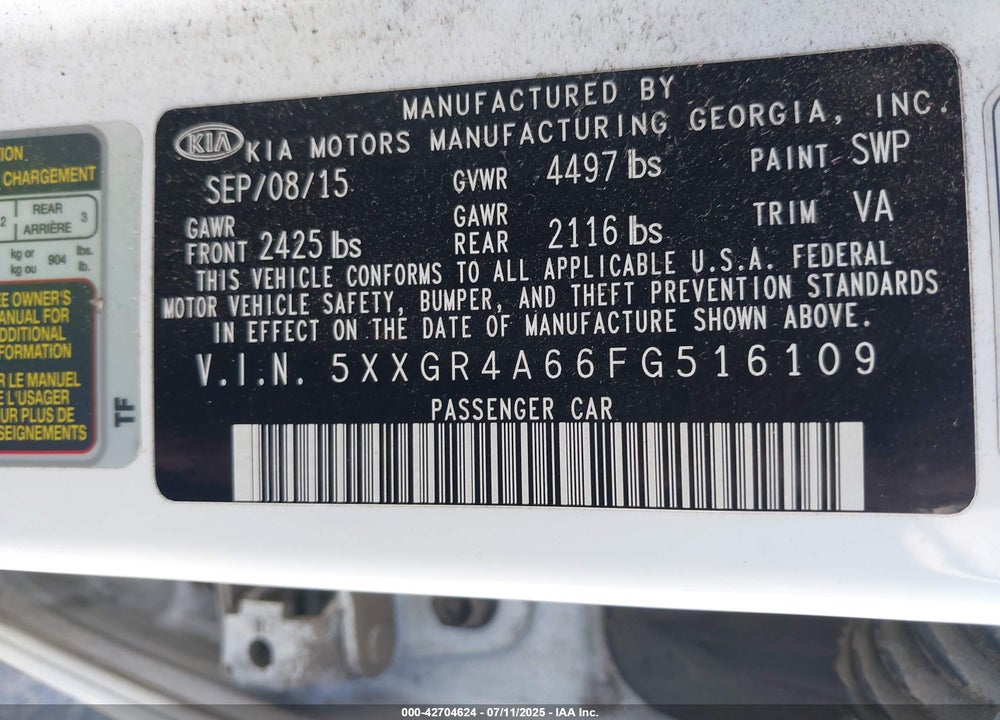 2015 KIA OPTIMA VIN: 5XXGR4A66FG516109