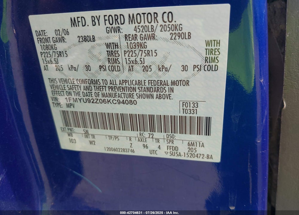 2006 FORD ESCAPE XLS/XLS MANUAL VIN: 1FMYU92Z06KC94080