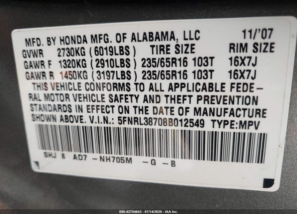 2008 HONDA ODYSSEY VIN: 5FNRL38708B012549