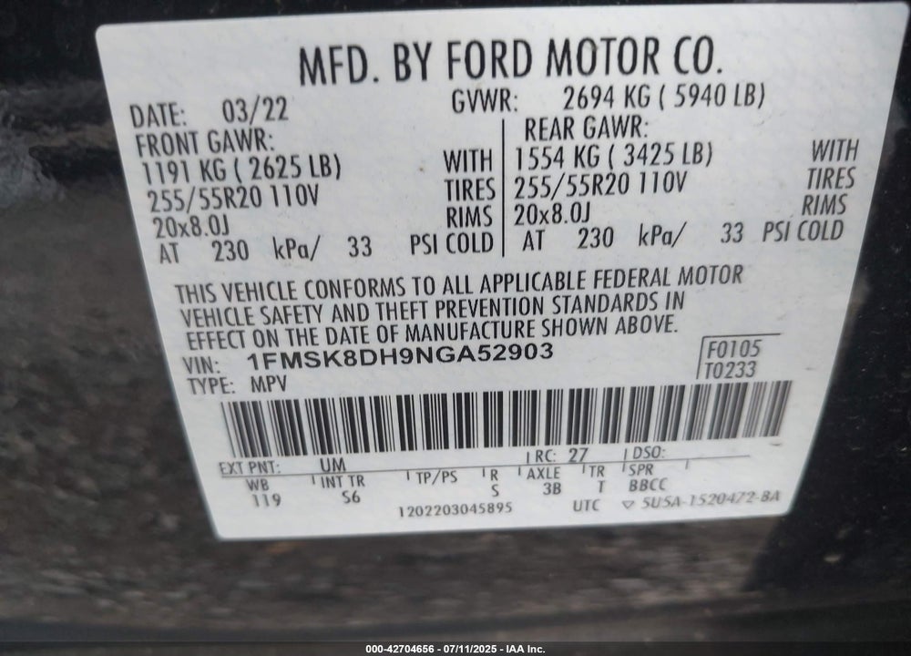 2022 FORD EXPLORER VIN: 1FMSK8DH9NGA52903