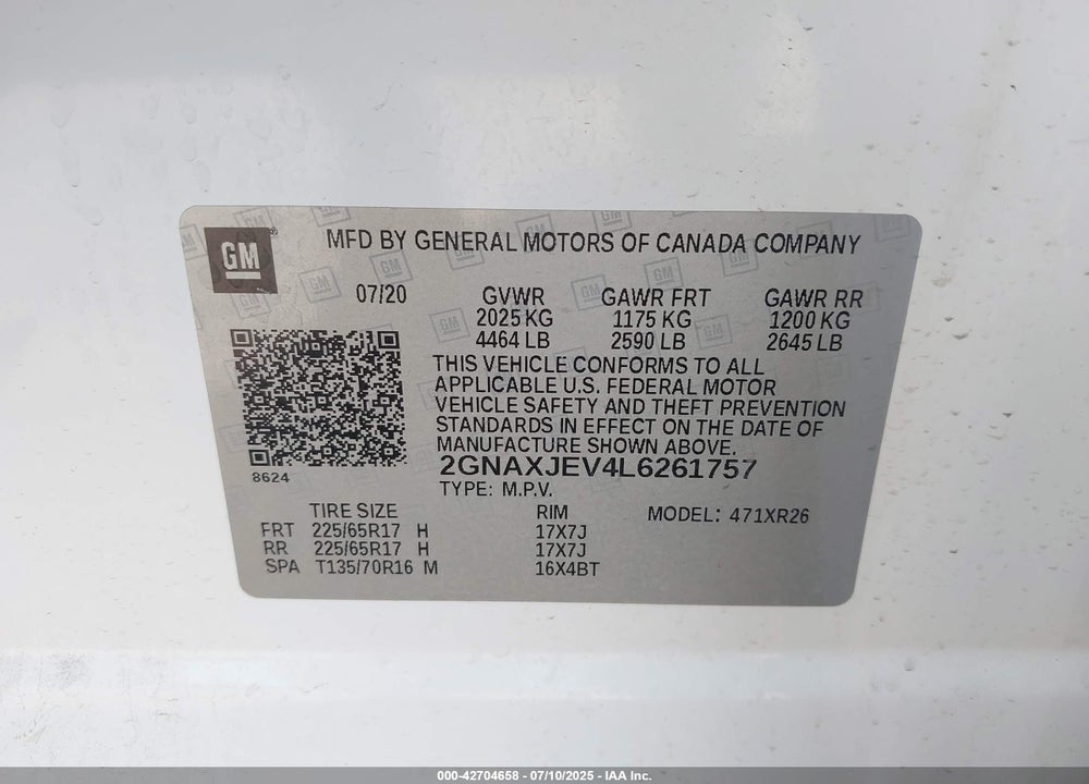 2020 CHEVROLET EQUINOX VIN: 2GNAXJEV4L6261757
