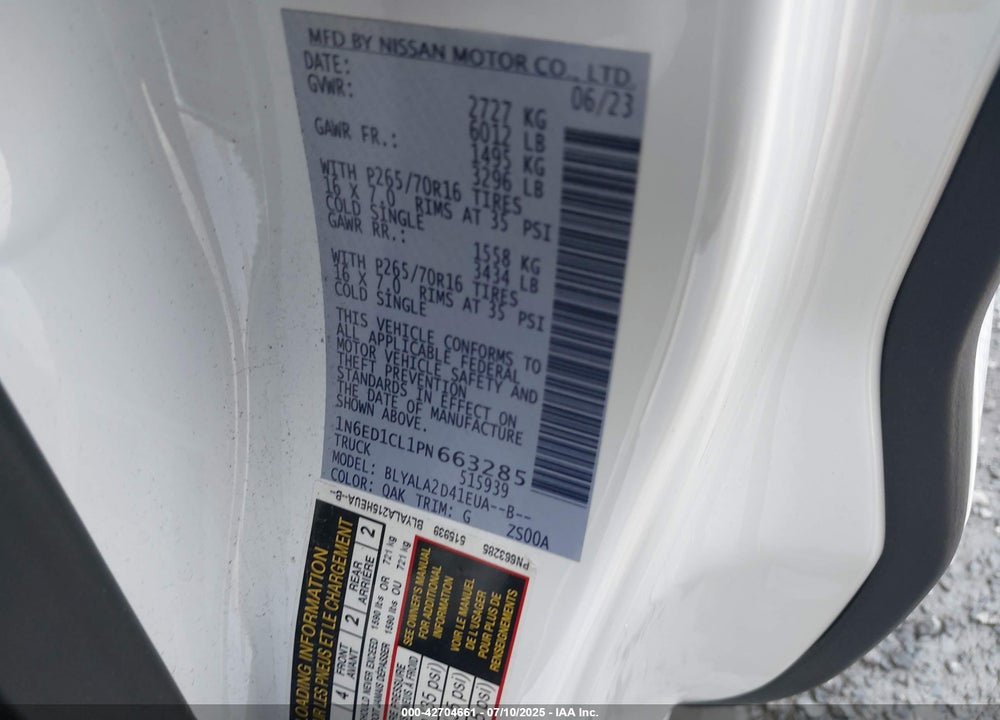 2023 NISSAN FRONTIER VIN: 1N6ED1CL1PN663285