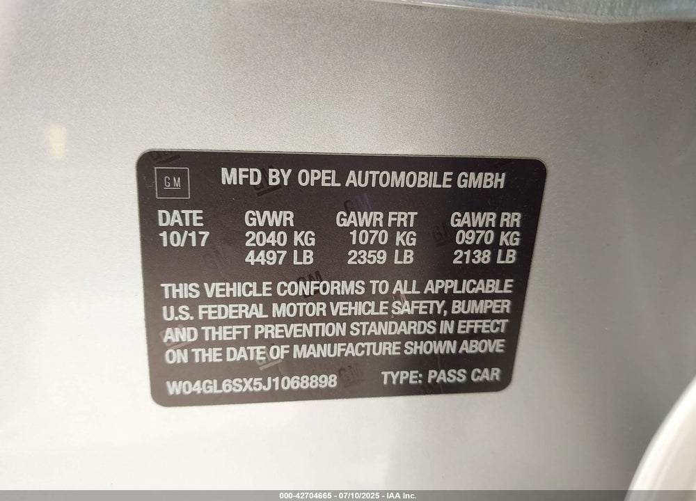 2018 BUICK REGAL SPORTBACK VIN: W04GL6SX5J1068898