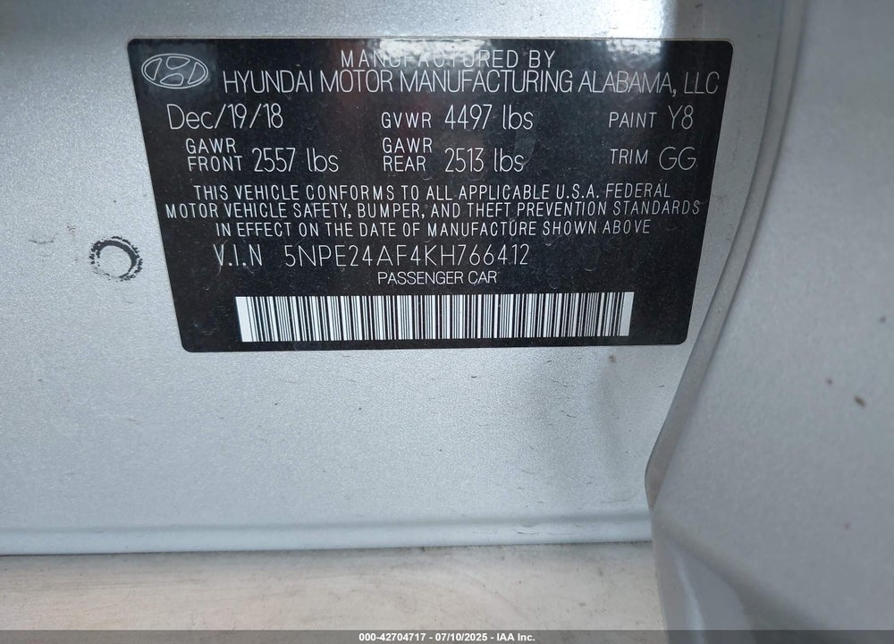 2019 HYUNDAI SONATA VIN: 5NPE24AF4KH766412