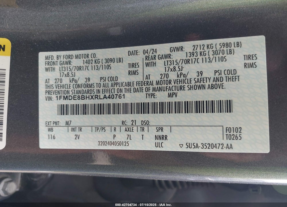 2024 FORD BRONCO VIN: 1FMDE8BHXRLA40761