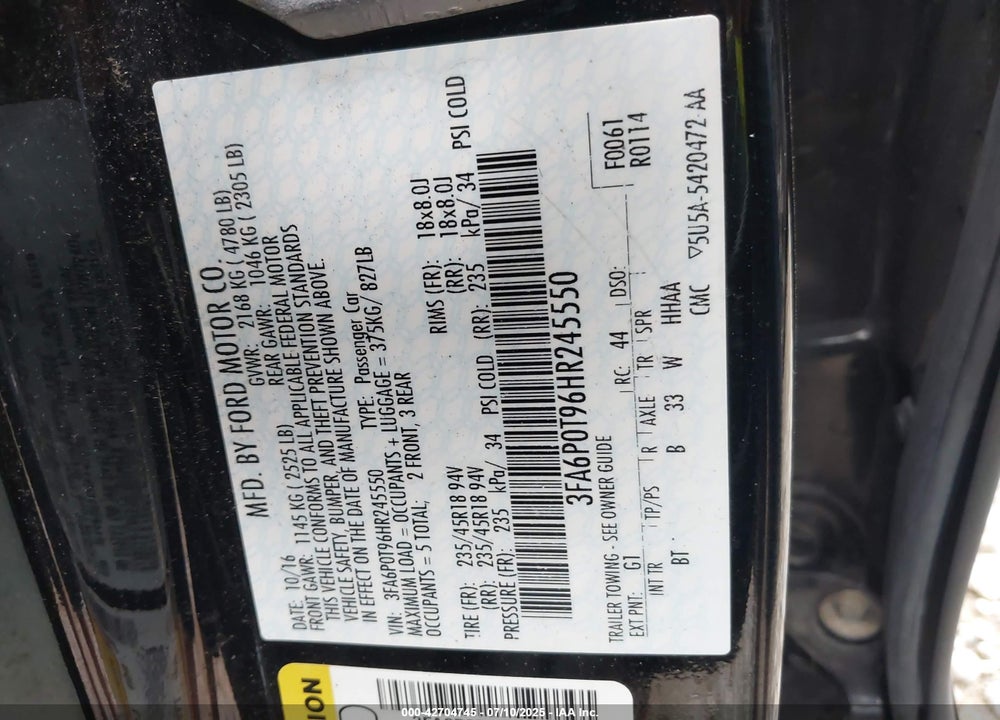 2017 FORD FUSION VIN: 3FA6P0T96HR245550