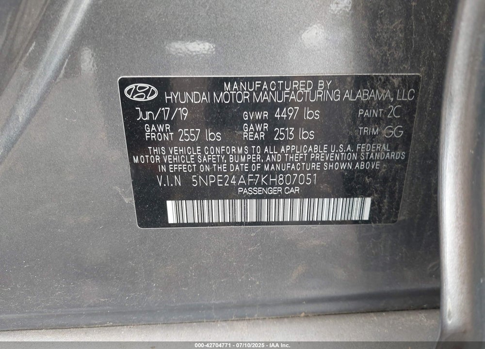 2019 HYUNDAI SONATA VIN: 5NPE24AF7KH807051