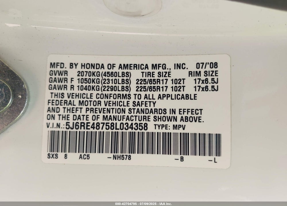 2008 HONDA CR-V EX-L VIN: 5J6RE48758L034358