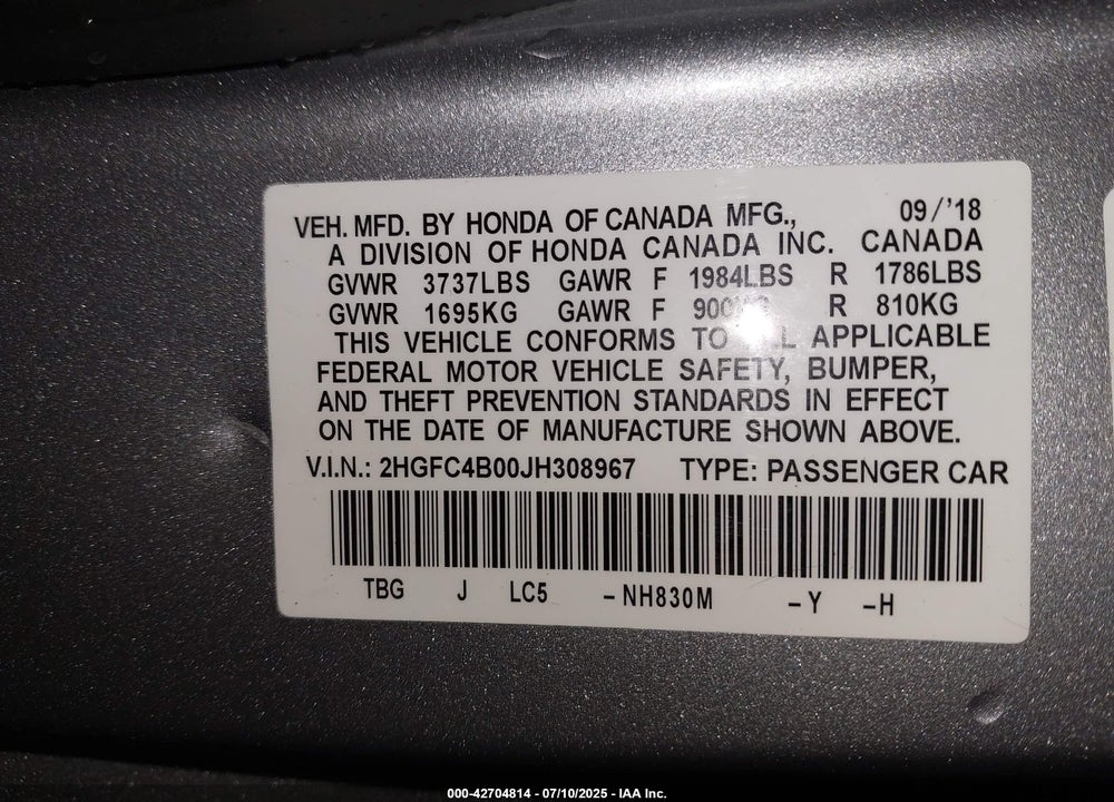 2018 HONDA CIVIC LX-P VIN: 2HGFC4B00JH308967