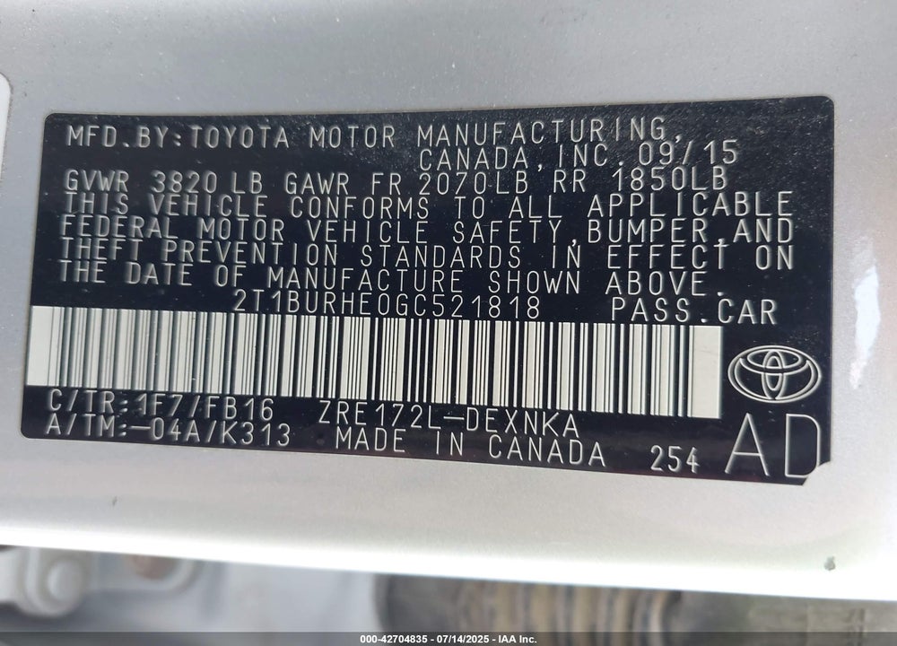 2016 TOYOTA COROLLA VIN: 2T1BURHE0GC521818