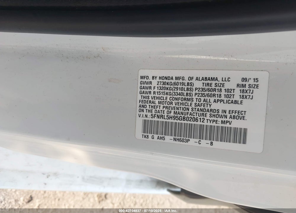 2016 HONDA ODYSSEY TOURING/TOURING ELITE VIN: 5FNRL5H95GB020612