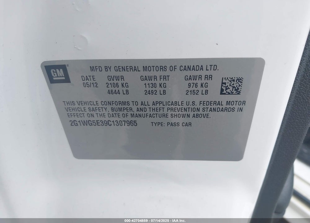 2012 CHEVROLET IMPALA LT VIN: 2G1WG5E39C1307965