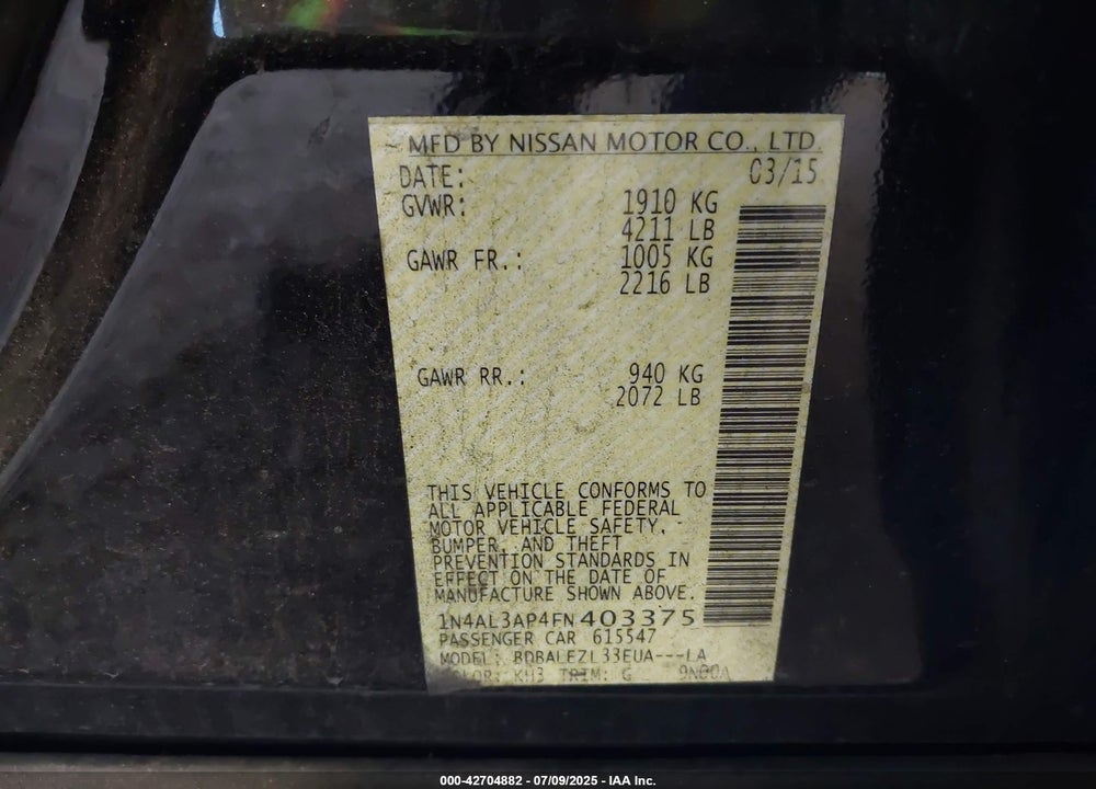 2015 NISSAN ALTIMA 2.5 S VIN: 1N4AL3AP4FN403375