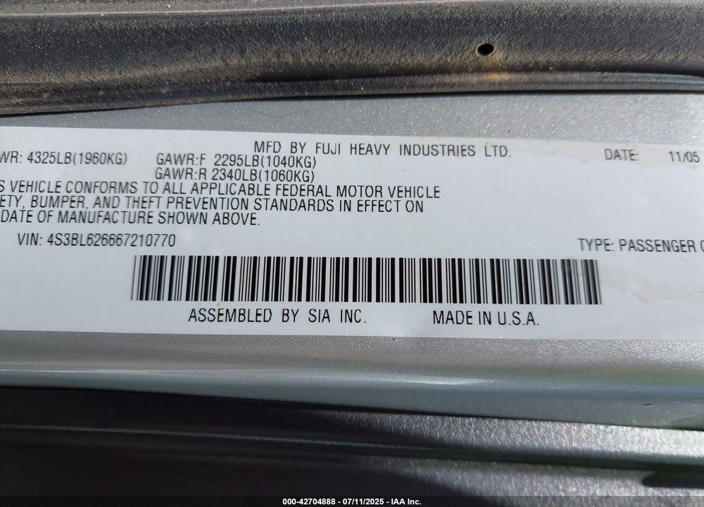 2006 SUBARU LEGACY 2.5I VIN: 4S3BL626667210770