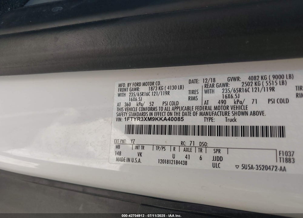 2019 FORD TRANSIT-250 VIN: 1FTYR3XM9KKA40085