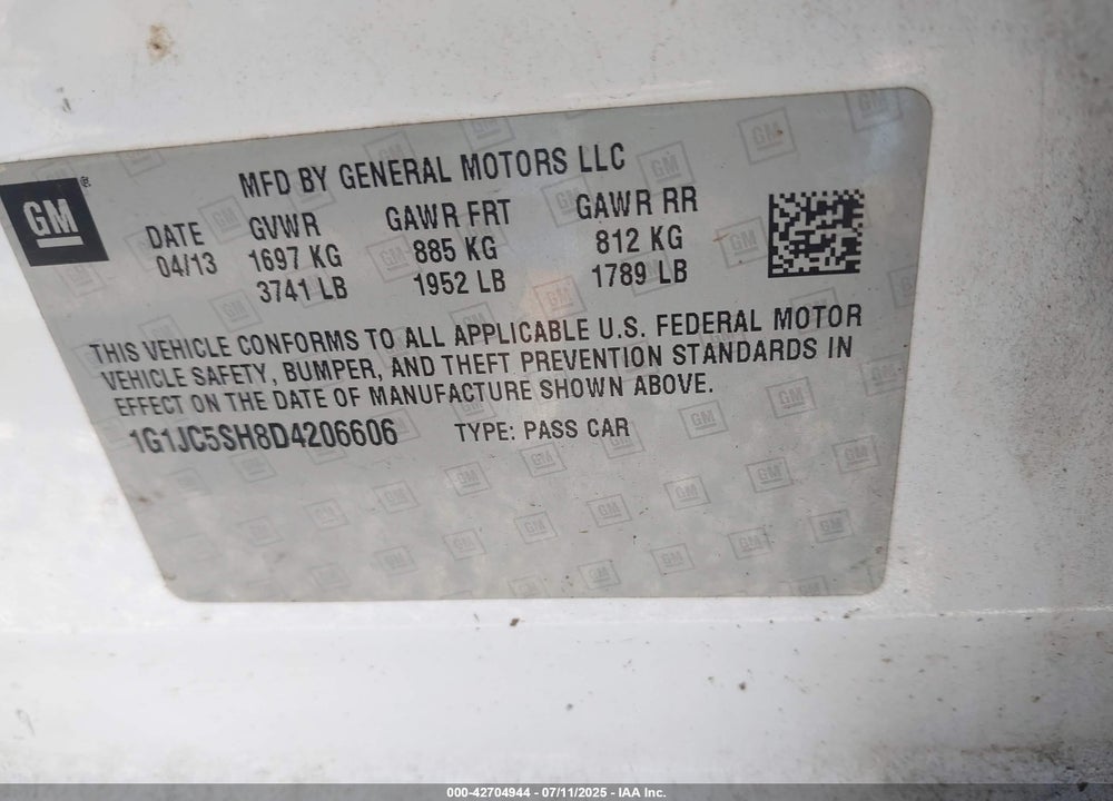 2013 CHEVROLET SONIC VIN: 1G1JC5SH8D4206606