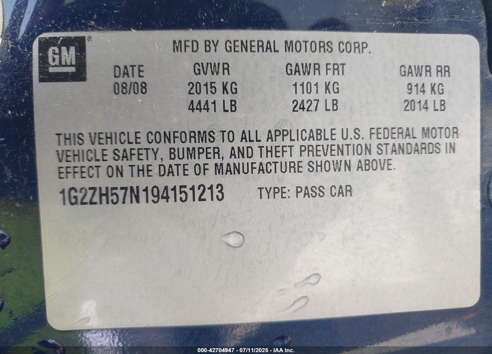 2009 PONTIAC G6 GT VIN: 1G2ZH57N194151213
