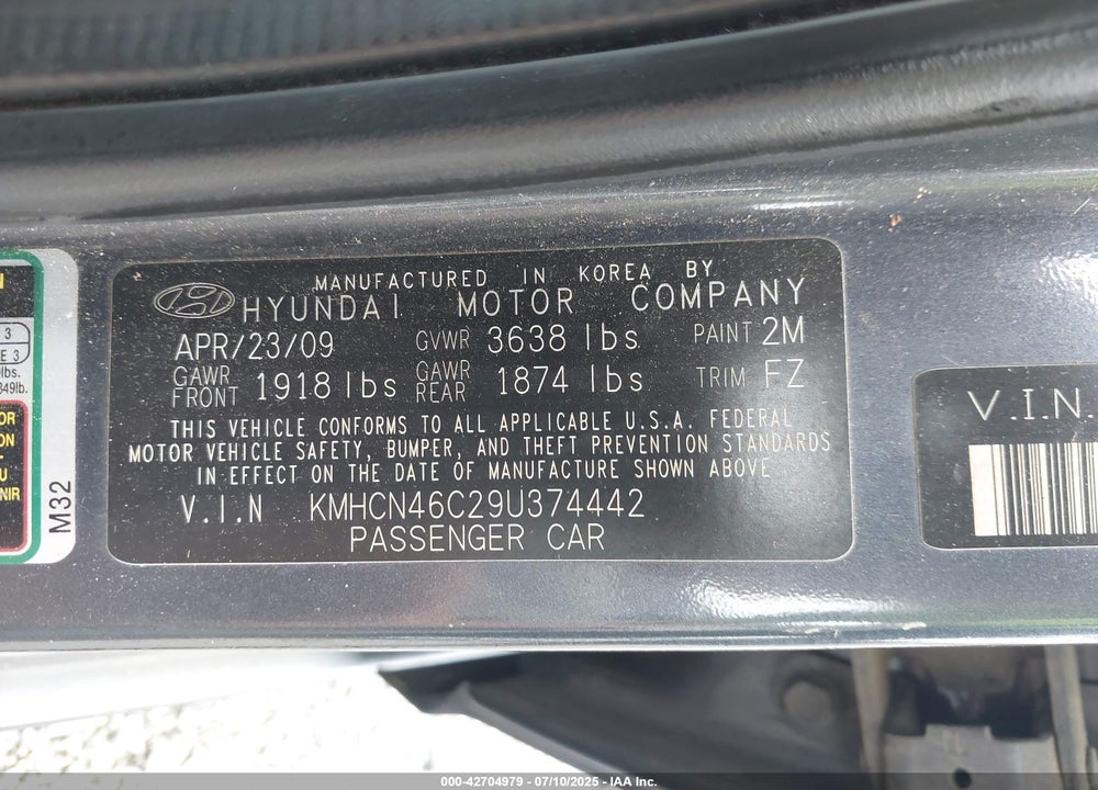 2009 HYUNDAI ACCENT VIN: KMHCN46C29U374442