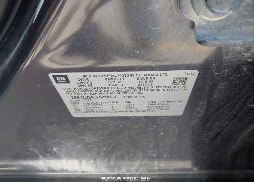 2015 GMC TERRAIN VIN: 2GKALSEK5F6210311