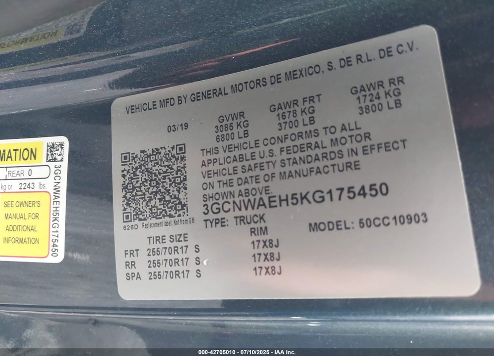 2019 CHEVROLET SILVERADO 1500 VIN: 3GCNWAEH5KG175450