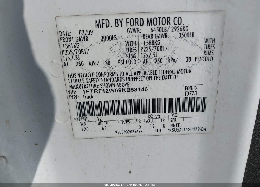 2009 FORD F-150 VIN: 1FTRF12W69KB58146