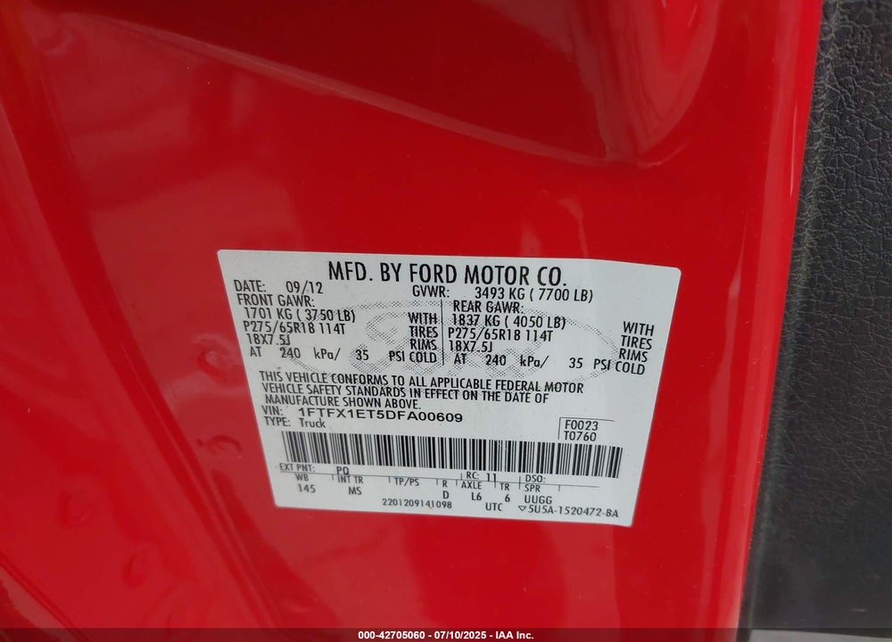 2013 FORD F-150 VIN: 1FTFX1ET5DFA00609