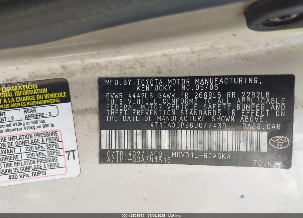 2006 TOYOTA CAMRY SOLARA SLE V6 VIN: 4T1CA30P86U072439